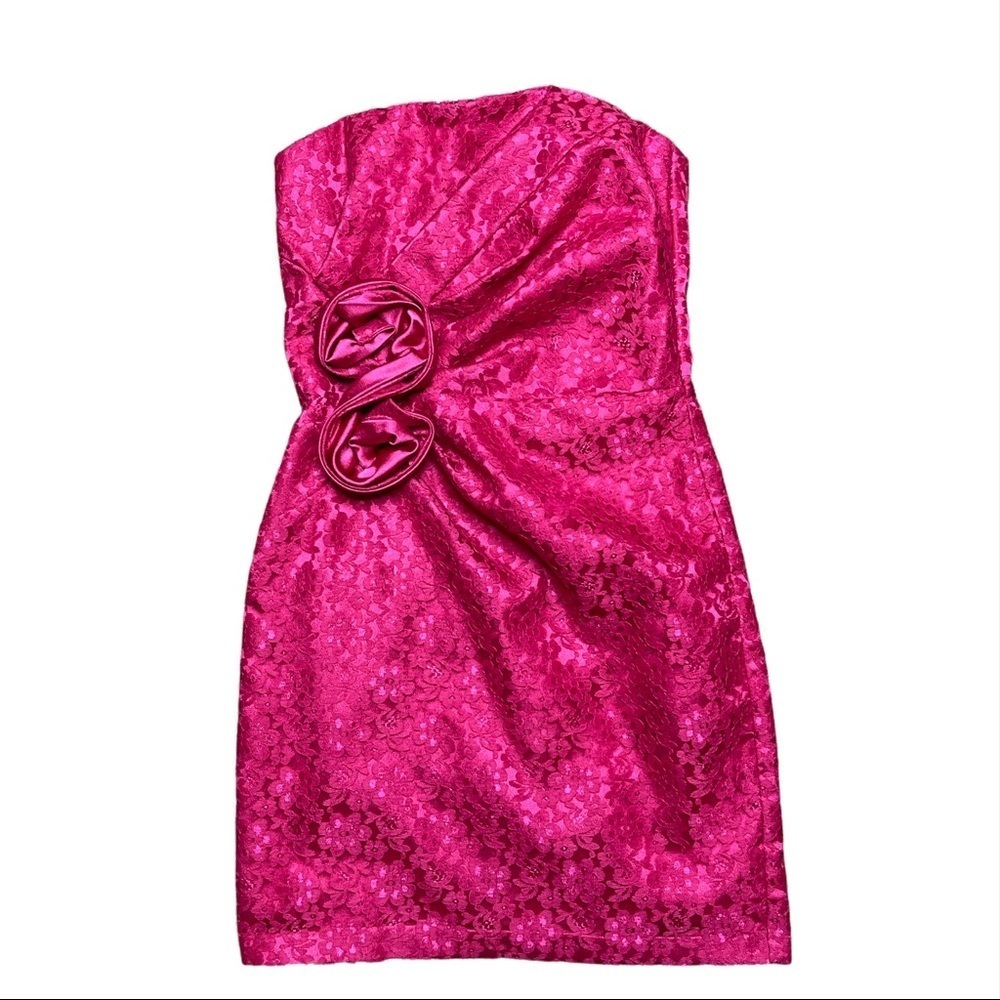 Jessica McClintock II Lacy Satiny Rose Strapless Back Zip Fuchsia  Dress 3
